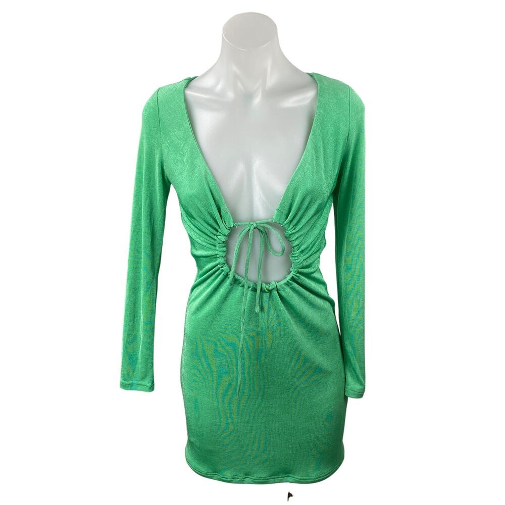 Superdown Women's Green Long Sleeve Plunge Ring Tie Mini Bodycon Dress Size M
